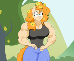 Size: 2110x1747 | Tagged: safe, artist:matchstickman, pear butter, earth pony, anthro, g4, the perfect pear, abs, biceps, breasts, busty pear butter, clothes, cute, female, flower, flower in hair, matchstickman's pear buffer series, muscles, muscular female, pants, pear buffer, pearabetes, scene interpretation, solo, tree