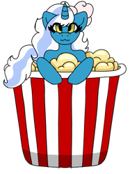 Size: 425x567 | Tagged: safe, artist:flameclawdacat, oc, oc:fleurbelle, alicorn, pony, alicorn oc, bow, female, food, hair bow, horn, mare, popcorn, popcorn box, simple background, solo, transparent background, wings, yellow eyes