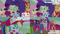 Size: 1280x720 | Tagged: safe, edit, edited screencap, editor:quoterific, screencap, applejack, fluttershy, pinkie pie, rainbow dash, rarity, sci-twi, sunset shimmer, twilight sparkle, equestria girls, equestria girls series, g4, spring breakdown, spoiler:eqg series (season 2), cellphone, clothes, cutie mark, cutie mark on clothes, geode of shielding, geode of super strength, glasses, hat, humane five, humane seven, humane six, magical geodes, phone, ponytail, sandals, shirt, shrug, sleeveless, sleeveless shirt, smartphone, yacht