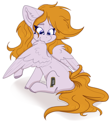 Size: 3426x3768 | Tagged: safe, artist:tizhonolulu, oc, oc only, oc:cookie byte, pegasus, pony, blushing, female, grooming, high res, mare, preening, simple background, solo, white background, wings
