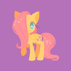 Size: 2048x2048 | Tagged: safe, artist:vanillavache, fluttershy, pegasus, pony, g4, cute, female, folded wings, hair over one eye, high res, looking at you, no pupils, purple background, raised hoof, shyabetes, simple background, smiling, solo, sparkling mane, standing, starry eyes, three quarter view, turned head, wingding eyes, wings