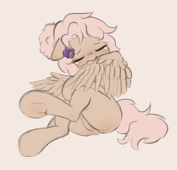 Size: 3011x2897 | Tagged: safe, artist:parfait, oc, oc only, oc:mary jane, pegasus, pony, butt, female, flower, flower in hair, grooming, high res, mare, plot, preening, sitting, solo