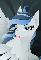 Size: 2376x3456 | Tagged: safe, artist:andaluce, oc, oc only, oc:haze northfleet, pegasus, pony, bed, bedroom eyes, female, grooming, high res, licking, mare, preening, solo, spread wings, tongue out, wings