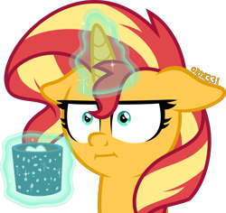 Size: 4000x3773 | Tagged: safe, artist:orin331, sunset shimmer, pony, unicorn, g4, :i, bust, chocolate, drink, empathy cocoa, faic, female, food, glowing horn, high res, horn, hot chocolate, i mean i see, levitation, magic, magic aura, mare, simple background, solo, telekinesis, transparent background