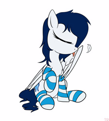 Size: 3600x4000 | Tagged: safe, artist:littlenaughtypony, oc, oc only, oc:sassysvczka, pegasus, pony, clothes, feather, grooming, licking, preenhub, preening, simple background, socks, solo, striped socks, tongue out, white background