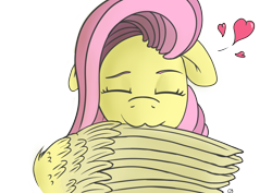 Size: 3541x2508 | Tagged: safe, artist:playful wings, fluttershy, pegasus, pony, g4, :3, biting, cute, eyes closed, floating heart, floppy ears, grooming, heart, high res, preening, shyabetes, solo