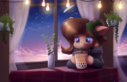Size: 4250x2750 | Tagged: safe, artist:ardail, edit, oc, oc only, oc:mocha latte, earth pony, pony, bow, bubble tea, cafe, clothes, crying, cup, drinking, drinking straw, female, hair bow, hoodie, hoof hold, mare, plant, plants, sad, solo, sweater, table, window