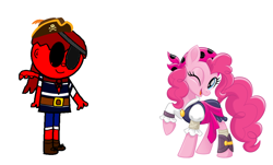 Size: 2262x1365 | Tagged: artist needed, safe, edit, edited screencap, screencap, pinkie pie, earth pony, human, pony, g4, belt, eyepatch, hat, one eye closed, pegasus human, pegasus wings, pirate, pirate costume, pirate hat, simple background, smiling, wings, wink, zalgo pagie