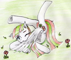 Size: 2311x1928 | Tagged: safe, artist:40kponyguy, derpibooru exclusive, blossomforth, pegasus, pony, g4, 30 minute art challenge, backbend, cute, ear fluff, flexible, grass, grooming, one eye closed, preening, simple background, solo, that pony sure is flexible, traditional art, underhoof