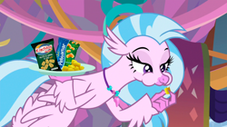 Size: 1890x1062 | Tagged: safe, artist:papacruda09, derpibooru exclusive, edit, edited screencap, editor:papacruda09, screencap, silverstream, hippogriff, g4, she's all yak, argentina, bedroom eyes, cheese, cheese puffs, chips, corn, female, flying, food, meme, snack, solo, wings