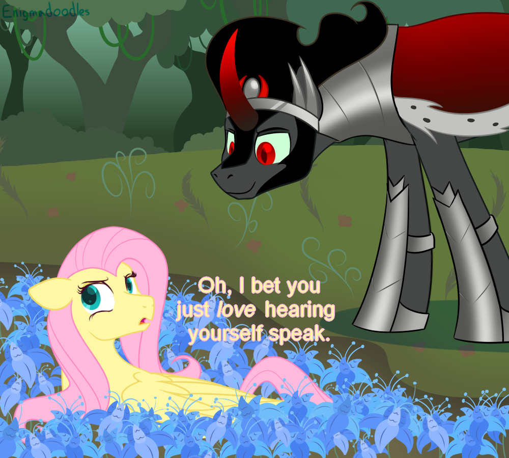 2583774 - safe, artist:enigmadoodles, fluttershy, king sombra, pegasus,  pony, unicorn, bridle gossip, g4, alvin lee sanders, english, flutterguy,  mikołaj klimek, poison joke, polish, voice actor joke - Derpibooru