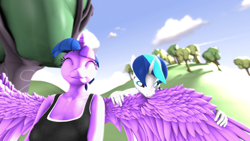 Size: 3840x2160 | Tagged: safe, artist:derpiborusza, derpibooru exclusive, shining armor, twilight sparkle, alicorn, unicorn, anthro, plantigrade anthro, g4, 3d, blatant lies in the description, bra, brother and sister, clothes, cloud, eyes closed, female, flying, grooming, happy, high res, hill, horn, incest, infidelity, male, mare, preening, ship:shiningsparkle, shipping, siblings, source filmmaker, sports bra, spread wings, straight, tree, twicest, twilight sparkle (alicorn), underwear, wings