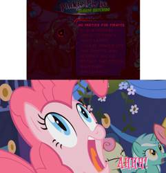 Size: 1257x1303 | Tagged: safe, edit, edited screencap, screencap, bon bon, cherry berry, lyra heartstrings, pinkie pie, pinkie pie (g3), sweetie drops, earth pony, pony, friendship is magic, g3, g4, season 1, antipiracy, blood, cheap, crying, fake antipiracy, female, game, looking at you, mare, pinkie pie's party parade, piracy, reaction image, screaming, shocked, shocked expression, smiling, tears of blood, zalgo, zalgo pie
