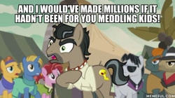 Size: 600x337 | Tagged: safe, edit, edited screencap, screencap, biff, doctor caballeron, rogue (g4), withers, earth pony, pony, unicorn, daring done?, g4, ascot tie, caption, clothes, henchmen, image macro, male, scooby-doo!, shirt, stallion, text, unnamed character, unnamed pony