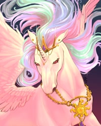 Size: 3277x4096 | Tagged: safe, artist:thornblade_, princess celestia, alicorn, pony, g4, ear piercing, earring, ethereal mane, female, gradient background, hoers, jewelry, majestic, mare, necklace, piercing, princess celestia is a horse, queen celestia, solo, spread wings, starry mane, tiara, windswept mane, wings