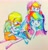 Size: 1982x2048 | Tagged: safe, artist:0828m, applejack, rainbow dash, earth pony, human, pegasus, pony, equestria girls, g4, my little pony equestria girls: better together, alternate hairstyle, applejack riding rainbow dash, color porn, eyes closed, female, human ponidox, humanized, interspecies, kissing, lesbian, neon, pigtails, pony hat, riding, self ponidox, ship:appledash, shipping, smiling, traditional art, wings