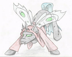 Size: 2748x2182 | Tagged: safe, artist:cindertale, oc, oc only, changeling, changeling oc, clothes, high res, hoodie, horn, traditional art, wings