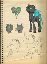 Size: 2102x2852 | Tagged: safe, artist:cindertale, oc, oc only, changeling, bust, changeling oc, eyes closed, floating wings, heart pony, high res, horn, looking up, reference sheet, sleeping, story included, traditional art, wings