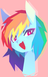 Size: 389x617 | Tagged: safe, artist:aesterlite, rainbow dash, semi-anthro, g4, ambiguous facial structure, bust, female, looking at you, open mouth, portrait, red background, simple background, solo