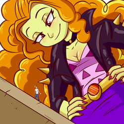Size: 3000x3000 | Tagged: safe, artist:titantigress, adagio dazzle, oc, oc:vanilla beam, human, equestria girls, g4, breasts, cleavage, clothes, duo, female, giantess, hand on hip, high res, jacket, lidded eyes, macro, male, micro, nail polish, size difference, smiling, spikes
