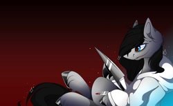 Size: 1754x1083 | Tagged: safe, artist:tessa_key_, earth pony, pony, clothes, ear fluff, gradient background, hoodie, hoof polish, jeff the killer, knife, male, meme, ponified, smiling, solo, stallion