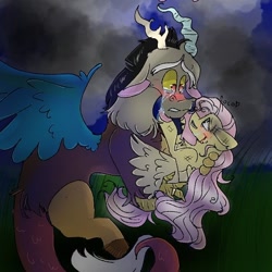 Size: 540x540 | Tagged: safe, artist:cocolove2176, discord, fluttershy, draconequus, pegasus, pony, g4, blushing, crying, female, holding a pony, injured, male, mare, outdoors, sad, ship:discoshy, shipping, smiling, straight