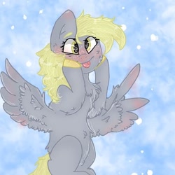 Size: 540x540 | Tagged: safe, artist:cocolove2176, pegasus, pony, :p, abstract background, blushing, cheek squish, chest fluff, derp, eyelashes, female, mare, solo, spread wings, squishy cheeks, tongue out, wings
