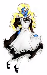 Size: 2503x3976 | Tagged: safe, artist:liaaqila, oc, oc only, oc:azure/sapphire, equestria girls, g4, clothes, crossdressing, femboy, high res, lolita maid, maid, male, simple background, solo, traditional art, twirl, white background