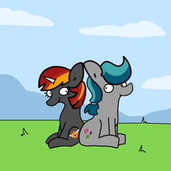 Size: 3000x3000 | Tagged: safe, artist:tjpones, oc, oc only, earth pony, pony, unicorn, commission, duo, female, high res, male, mare, sitting, stallion