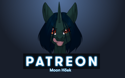 Size: 1460x918 | Tagged: safe, artist:moonhoek, oc, oc only, oc:angler, kelpie, pony, unicorn, advertisement, digital art, fangs, female, licking, licking lips, looking at you, patreon, patreon logo, solo, teeth, tongue out
