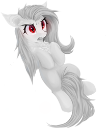Size: 1260x1502 | Tagged: safe, artist:some_ponu, fluttershy, bat pony, pony, g4, bat ponified, fangs, female, flutterbat, frown, lying down, mare, monochrome, on back, partial color, race swap, simple background, solo, white background