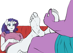 Size: 1200x867 | Tagged: safe, artist:pia-sama, rarity, spike, dragon, unicorn, anthro, plantigrade anthro, g4, barefoot, breasts, busty rarity, feet, female, fetish, foot fetish, foot massage, male, massage, ship:sparity, shipping, soles, straight, toes
