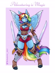 Size: 3072x4096 | Tagged: safe, artist:ambris, rainbow dash, pegasus, anthro, unguligrade anthro, adventuring is magic, g4, armor, belly button, breasts, busty rainbow dash, cleavage, ear piercing, earring, eye scar, fantasy class, female, jewelry, piercing, scar, solo, sword, underass, weapon, wings