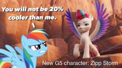 Size: 1080x601 | Tagged: safe, artist:luigigamer25, edit, edited screencap, screencap, rainbow dash, zipp storm, pegasus, pony, g4, g5, my little pony: a new generation, spoiler:my little pony: a new generation, 20% cooler, 3d, angry, female, g4 purist, hilarious in hindsight, luigigamer25 needs to stop, mare, op can't let go, op is a duck