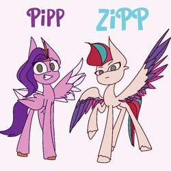 Size: 768x768 | Tagged: safe, artist:cloudy_ria, pipp petals, zipp storm, pegasus, pony, g5, colored wings, duo, female, long legs, looking at you, mare, multicolored wings, raised hoof, siblings, sisters, skinny pipp, smiling, spread wings, stylized, text, thin, unshorn fetlocks, wings