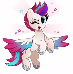 Size: 4035x4096 | Tagged: safe, artist:kittyrosie, zipp storm, pegasus, pony, g5, absurd resolution, adorazipp, blushing, cute, female, flying, looking at you, mare, one eye closed, open mouth, shading, signature, simple background, smiling, smiling at you, solo, spread wings, stars, unshorn fetlocks, white background, wingding eyes, wings, wink, winking at you