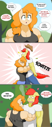 Size: 2147x5241 | Tagged: safe, artist:matchstickman, bright mac, pear butter, earth pony, anthro, g4, abs, bear hug, biceps, breasts, busty pear butter, clothes, deltoids, dialogue, female, giving up the ghost, hug, husband and wife, male, matchstickman's pear buffer series, muscles, muscular female, open mouth, pear buffer, pecs, ship:brightbutter, shipping, speech bubble, straight, this ended in pain