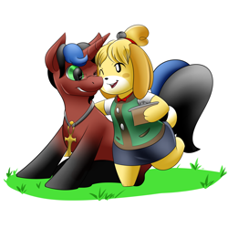 Size: 3200x3200 | Tagged: safe, artist:gear, oc, pony, unicorn, animal crossing, ankh, clothes, commission, digital art, duo, female, glasses, high res, isabelle (animal crossing), jewelry, looking at each other, male, necklace, one eye closed, shih tzu, sitting, stallion, tail