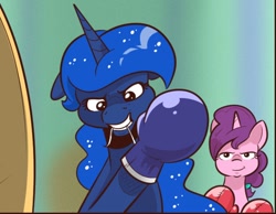 Size: 592x460 | Tagged: safe, artist:saturdaymorningproj, princess luna, sugar belle, g4, boxing gloves, clothes, duo, gloves, mouth hold