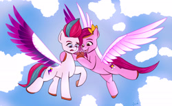 Size: 3491x2160 | Tagged: safe, artist:viga, pipp petals, zipp storm, pegasus, pony, g5, cellphone, cloud, duo, duo female, female, flying, high res, hoof hold, jewelry, looking down, mare, phone, raised eyebrow, raised hoof, royal sisters (g5), siblings, signature, sisters, smartphone, smiling, spread wings, talking, that was fast, tiara, wings
