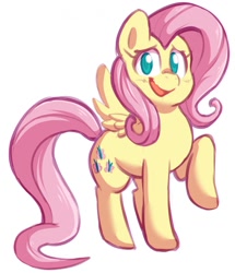 Size: 1099x1280 | Tagged: safe, artist:mukitsune, fluttershy, pegasus, pony, g4, blushing, cutie mark, digital art, female, looking at you, mare, open mouth, raised hoof, simple background, smiling, solo, spread wings, standing, tail, three quarter view, wavy mouth, wings