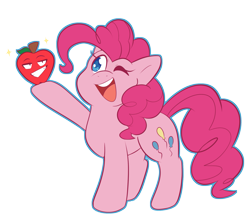 Size: 1743x1502 | Tagged: safe, artist:mukitsune, pinkie pie, earth pony, pony, g4, apple, cutie mark, digital art, female, food, mare, one eye closed, open mouth, simple background, solo, tail, transparent background