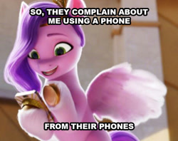 Size: 717x567 | Tagged: safe, edit, edited screencap, screencap, pipp petals, pegasus, pony, g5, my little pony: a new generation, spoiler:g5, spoiler:my little pony: a new generation, 3d, caption, cellphone, female, irony, phone, smartphone, solo, text