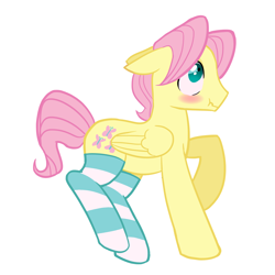 Size: 1570x1570 | Tagged: safe, artist:melonmilk, derpibooru exclusive, fluttershy, pegasus, pony, g4, blushing, butterscotch, clothes, kneesocks, longsocks, male, rule 63, rule63betes, show accurate, socks, solo, stallion, striped socks, thigh highs