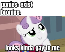 Size: 850x676 | Tagged: safe, edit, edited screencap, screencap, sweetie belle, pony, g4, one bad apple, female, solo, thinking, trolling