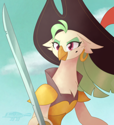Size: 1000x1100 | Tagged: safe, artist:imaplatypus, captain celaeno, bird, parrot, parrot pirates, anthro, g4, my little pony: the movie, beauty mark, ear piercing, earring, female, hat, jewelry, piercing, pirate, pirate hat, solo, sword, weapon