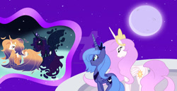 Size: 1024x529 | Tagged: safe, artist:velveagicsentryyt, princess celestia, princess luna, oc, oc:king cosmos, oc:queen galaxia, alicorn, pony, g4, alicorn oc, ascension realm, celestia and luna's father, celestia and luna's mother, female, horn, looking back, male, mare, moon, pink-mane celestia, portal, princess celestia's special princess making dimension, royal sisters, s1 luna, siblings, sisters, wings