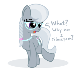 Size: 1200x1200 | Tagged: safe, artist:dafiltafish, silver spoon, earth pony, pony, g4, fanfic art, female, filly, human to pony, implied transformation, simple background, solo, text, white background