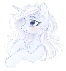 Size: 1315x1417 | Tagged: safe, artist:vird-gi, oc, oc only, oc:eula phi, pony, unicorn, chest fluff, cute, ear fluff, female, mare, simple background, sketch, smiling, solo, white background