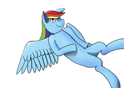 Size: 3508x2480 | Tagged: safe, artist:frilanka, derpibooru exclusive, rainbow dash, semi-anthro, g4, arm hooves, high res, lying down, on back, one eye closed, simple background, smiling, solo, white background, wings